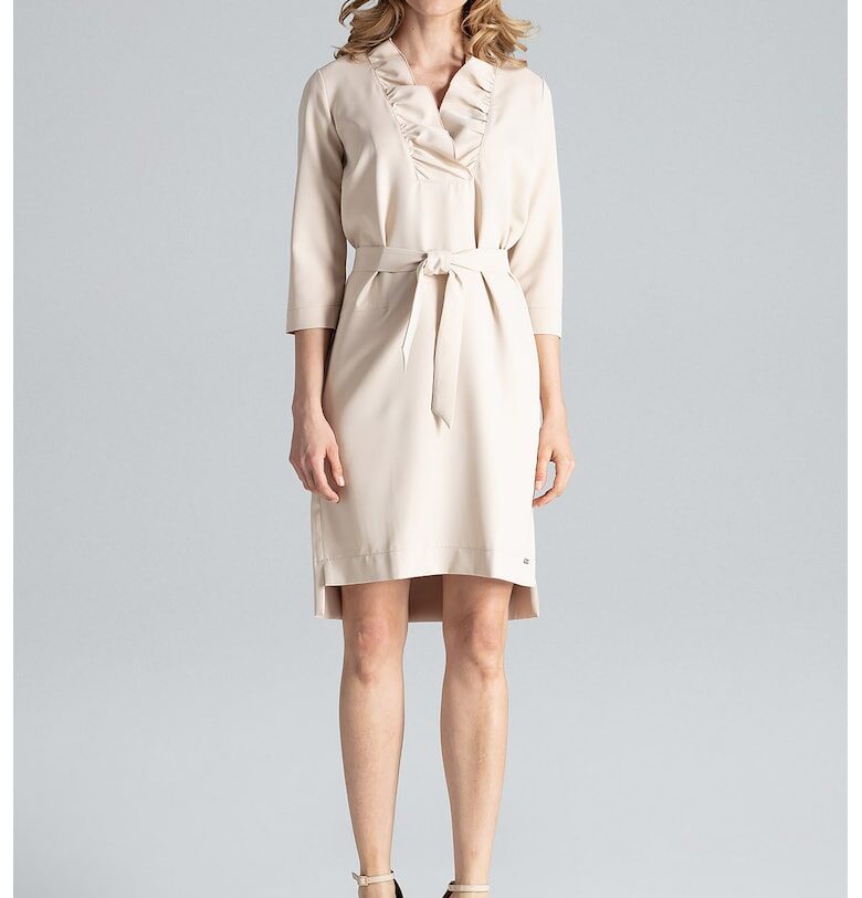 Рокля  елегантна - бежова - с волан на деколтето - връзва се с колан - полиестер Figl