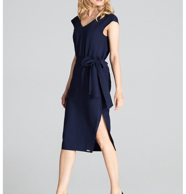 Рокля  елегантна - тъмносиня - с панделка - полиестер Figl