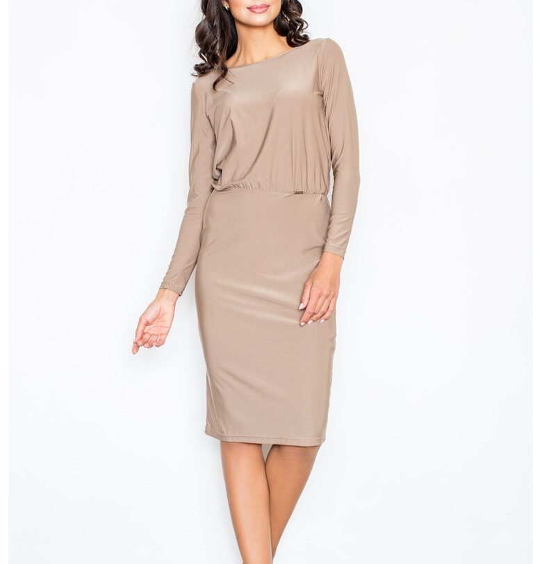 Рокля  елегантна - цепка на гърба - бежова - течна - полиестер Figl