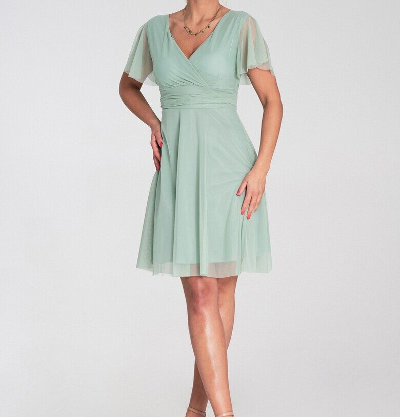 Рокля за парти -  ментов цвят - тюл - деколте тип плик - къси ръкави - размер SM Figl