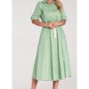 Рокля  миди - зелена - памучна - с апликации и плетен колан - SM Figl