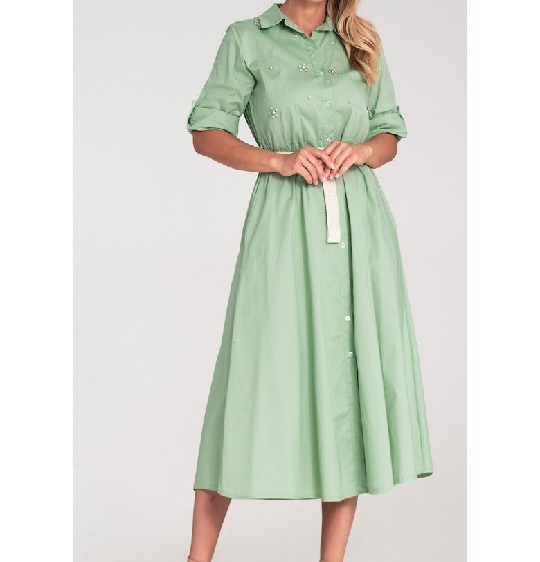 Рокля  миди - зелена - памучна - с апликации и плетен колан - SM Figl