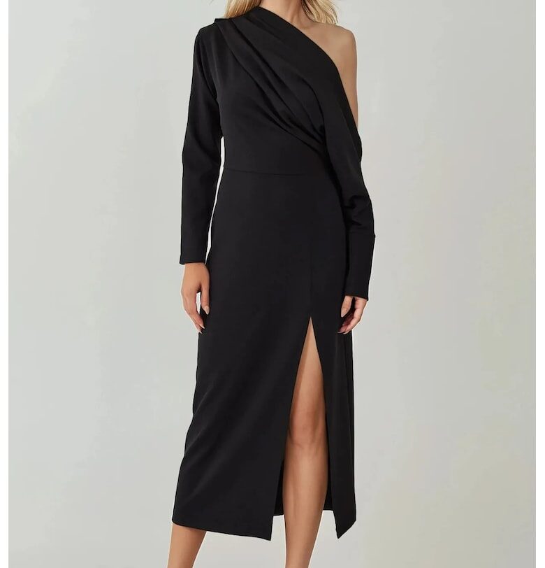 Рокля миди кройка -  вталена - асиметрична яка - цепка - джърси HiCCUP