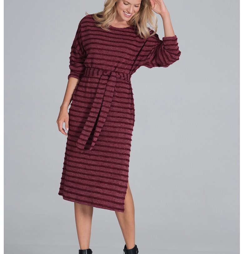 Рокля миди  с дълъг ръкав на райета - бордо - полиестер - размер SM Figl