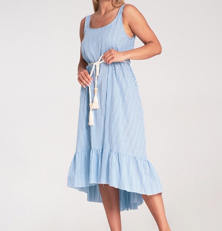 Рокля  на райета - асиметрична - с волани - светлосиня - памук - Един размер Figl