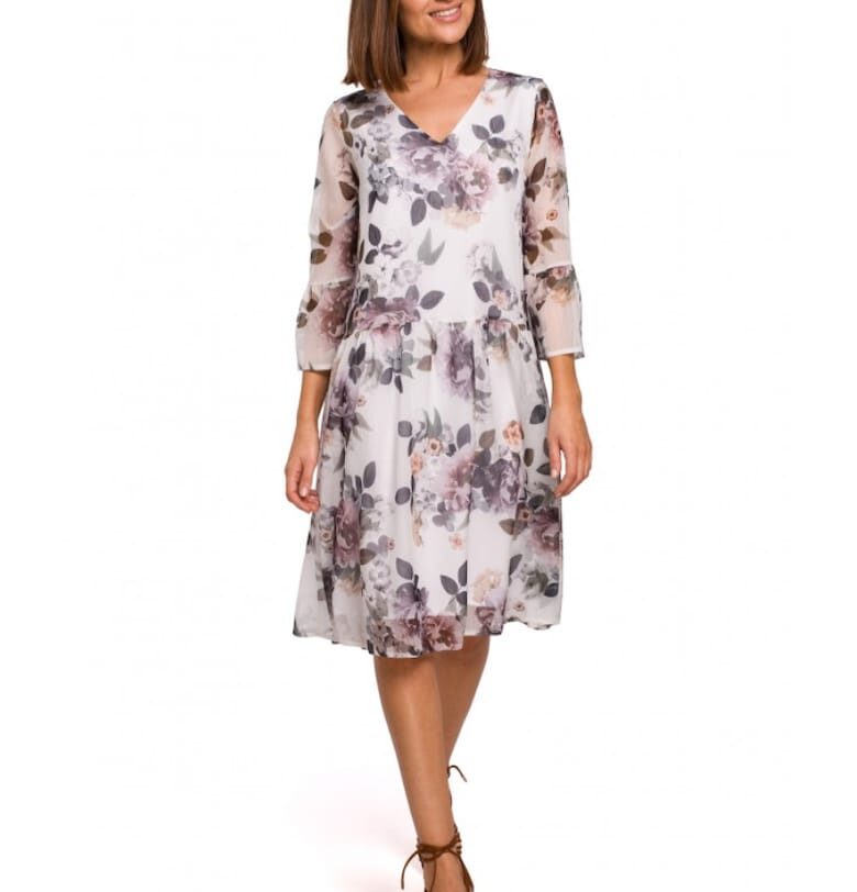 Рокля на цветя -  полиестер - бяло/сиво Style