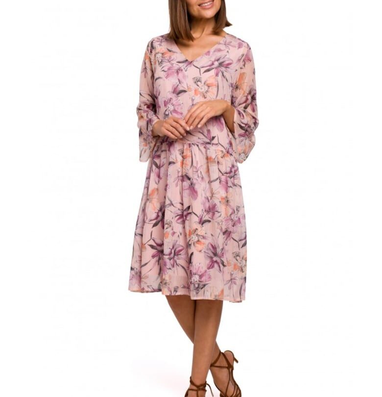 Рокля на цветя  полиестер - розово/лилаво Style