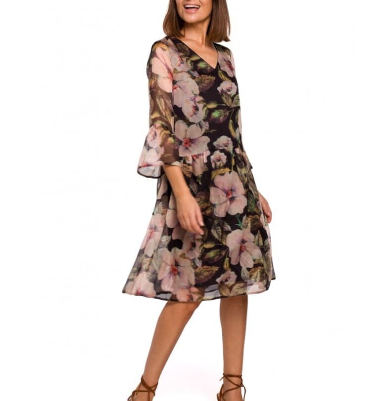 Рокля на цветя -  полиестер черно/розово Style