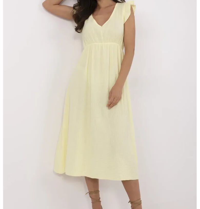 Рокля  памук - жълта - V-образно деколте - един размер Italy Moda