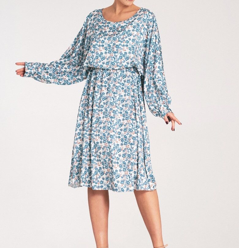 Рокля  полиестер - синьо - бяло - флорални мотиви - SM Figl