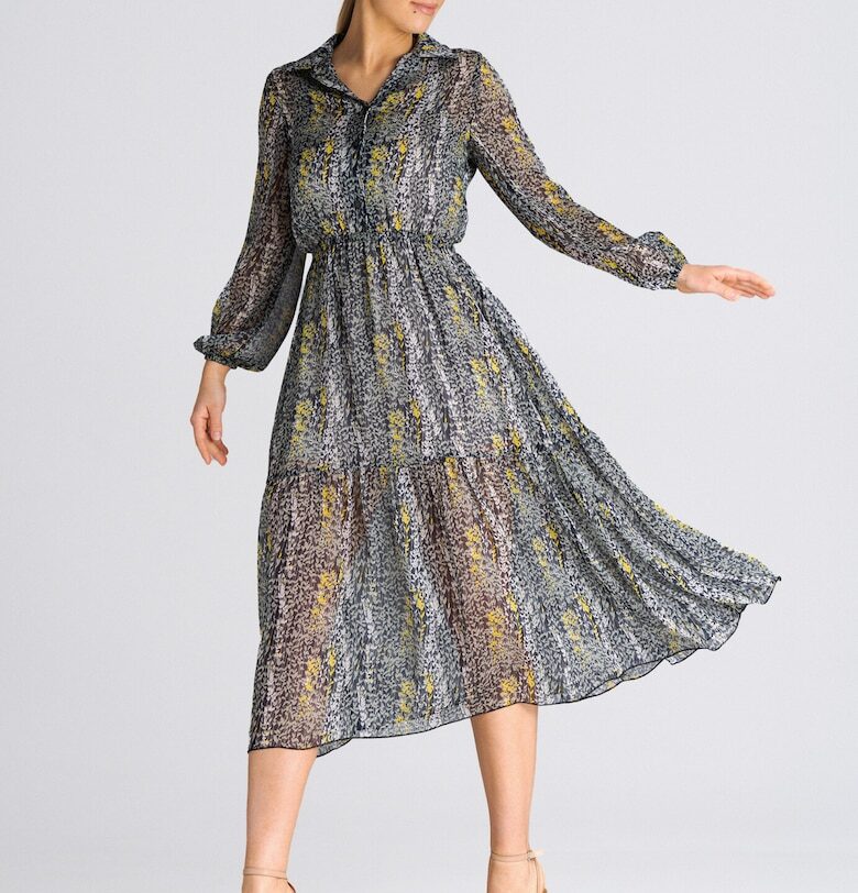 Рокля  разкроена - сива яка - флорални мотиви - полиестер Figl