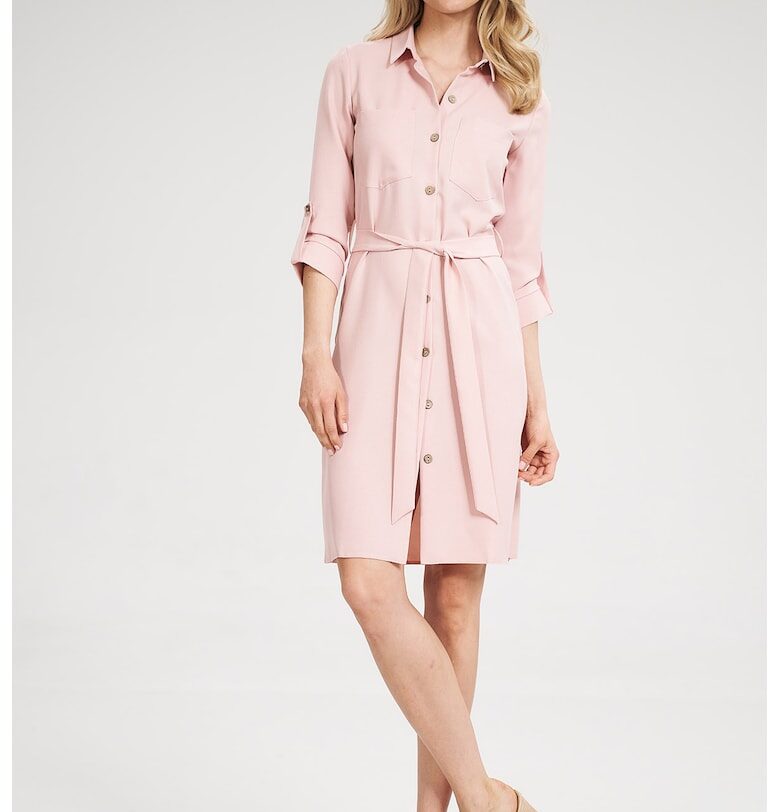Рокля-риза -  розова - с колан и джобове - 3/4 ръкав - полиестер Figl