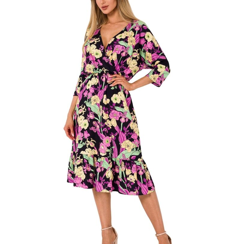 Рокля с 3/4 ръкав - Лятна - Полиестер - Многоцветна - М MOE