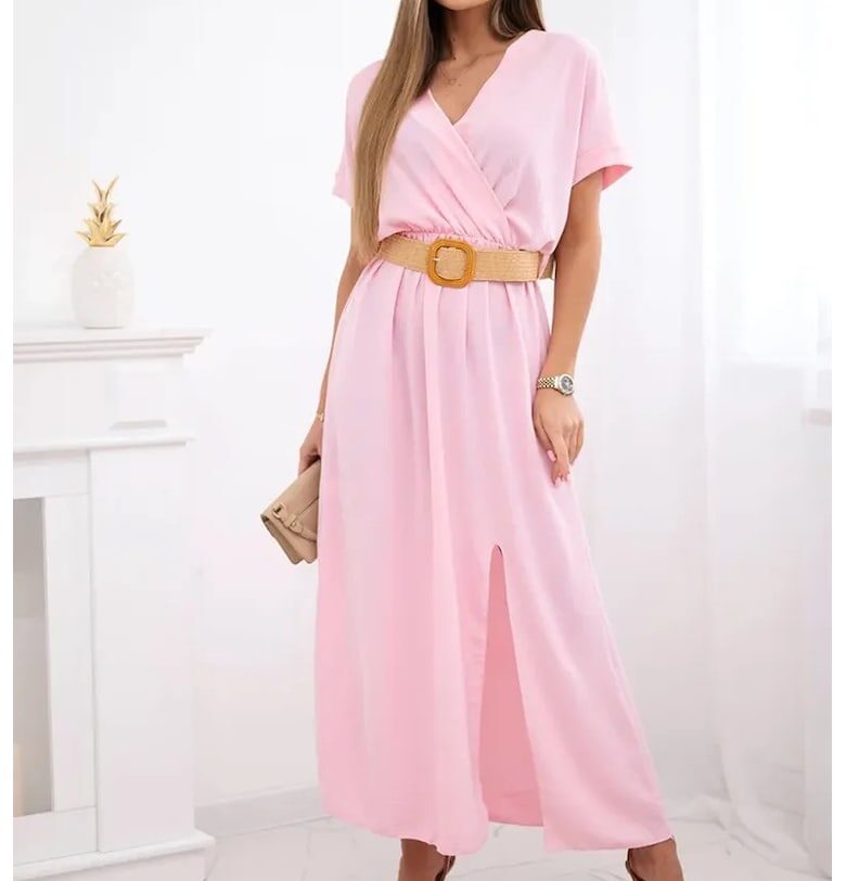 Рокля с V-образно деколте и колан на талията - Kesi