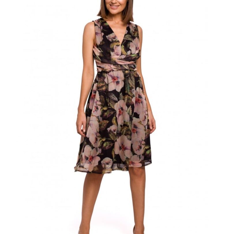 Рокля с деколте и флорален модел - стил - полиестер - черно/розово Style