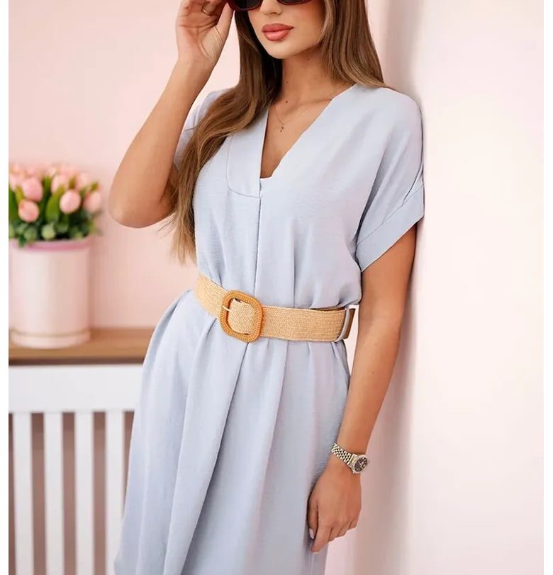 Рокля с декоративен колан - сива - универсална - Kesi