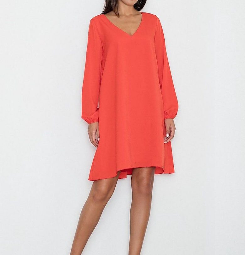 Рокля  светла - червена - нежна материя - остро деколте - вискозен полиестер Figl