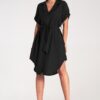 Рокля тип риза -  черна - асиметрична - вискозна - с колан - размер SM Figl