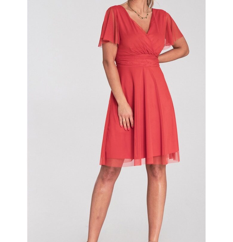 Рокля  тюл - деколте тип плик - къси ръкави - разкроена - вталена на талията - Оранжева - размер SM Figl