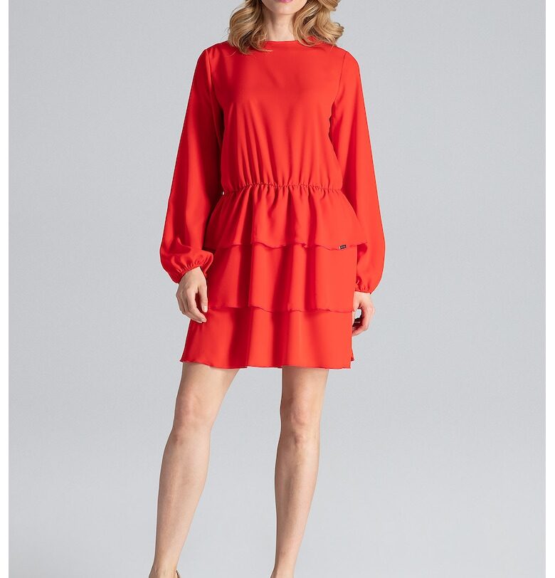 Рокля  червена - елегантна - с волани - полиестер Figl