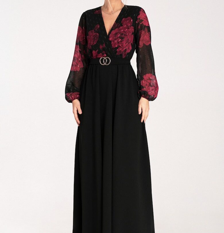 Рокля  черна с червени цветя - полиестер - дълъг ръкав - SM Figl