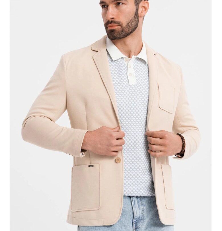 Сако SLIM от плетена материя с фина текстура  OM-BLZB-0101 - Бежов - Бежов OMBRE