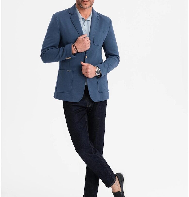 Сако SLIM от плетена материя с фина текстура  OM-BLZB-0101 - Син - Син OMBRE