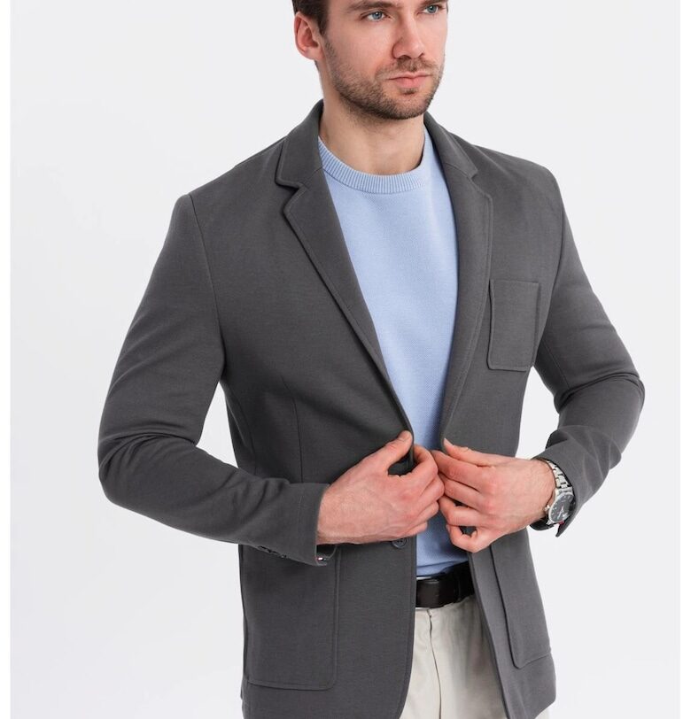 Сако SLIM от плетена материя с фина текстура  OM-BLZB-0101 - Тъмно сиво - Tъмносив OMBRE