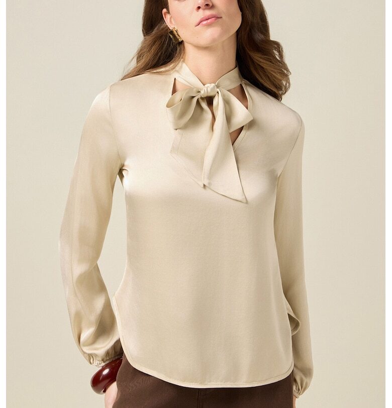 Сатенена блуза с панделка на яката - Тъмнобежово Oltre
