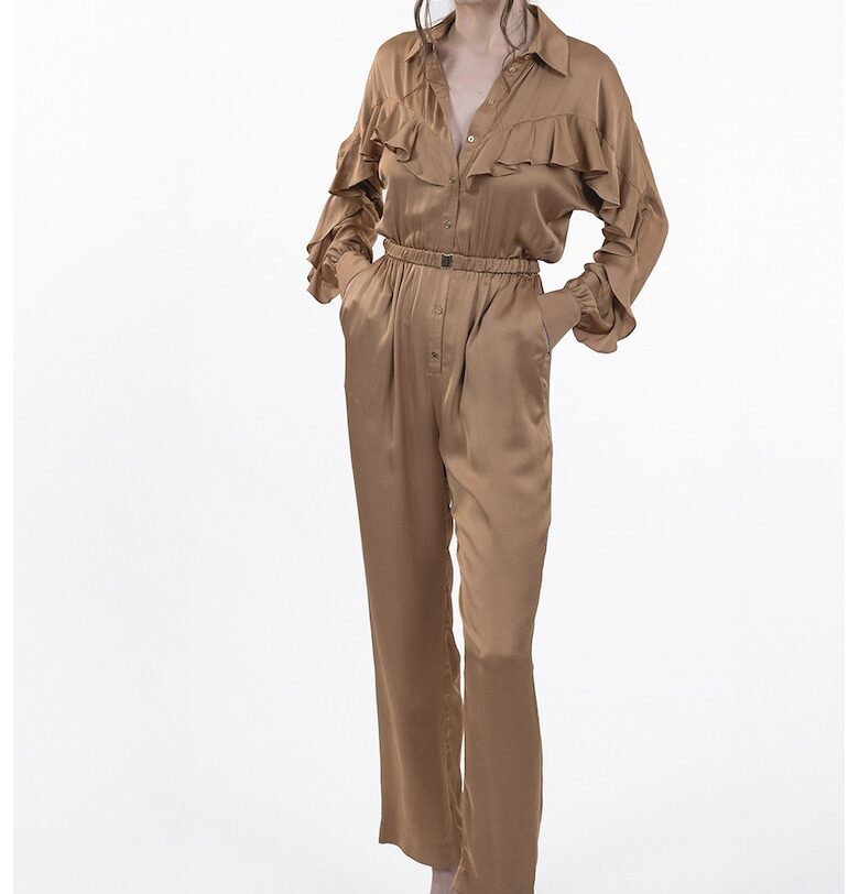 Сатиниран гащеризон с дълги ръкави и набирания - Камел Maellie