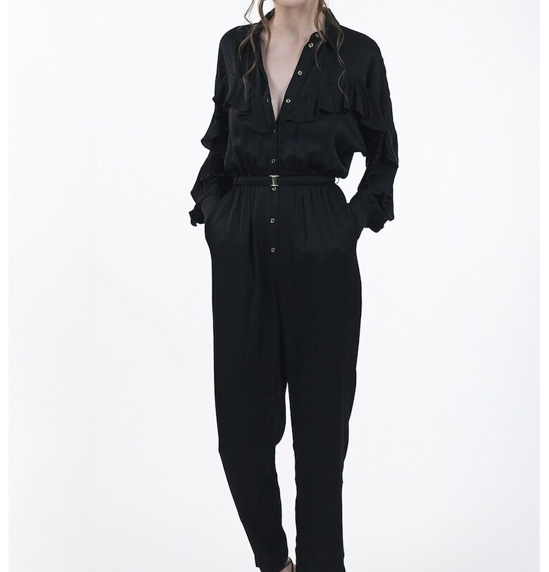 Сатиниран гащеризон с дълги ръкави и набирания - Черен Maellie