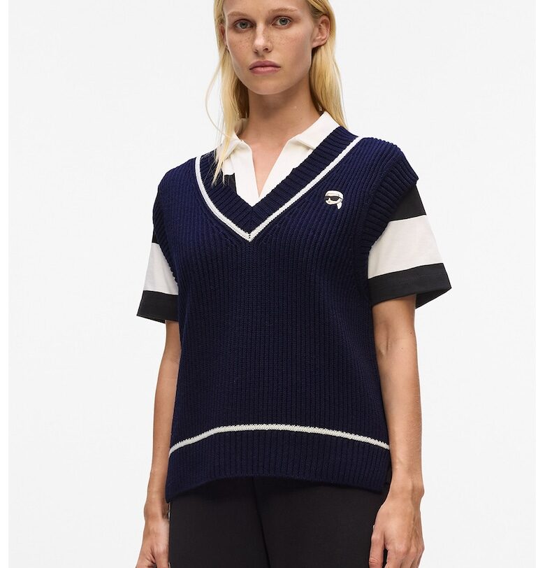 Свободен елек тип пуловер с шпиц - Бял/Тъмносин Karl Lagerfeld