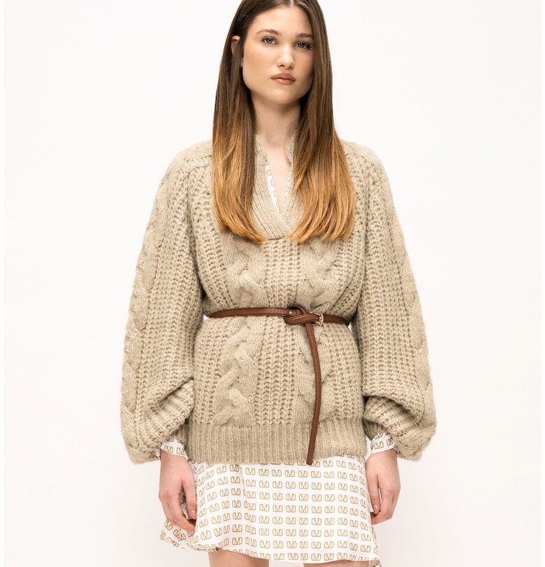 Свободен плетен пуловер с вълна - Бежов Marc Ellis