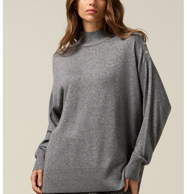 Свободен пуловер с вълна и паднали ръкави - Светло сив Oltre