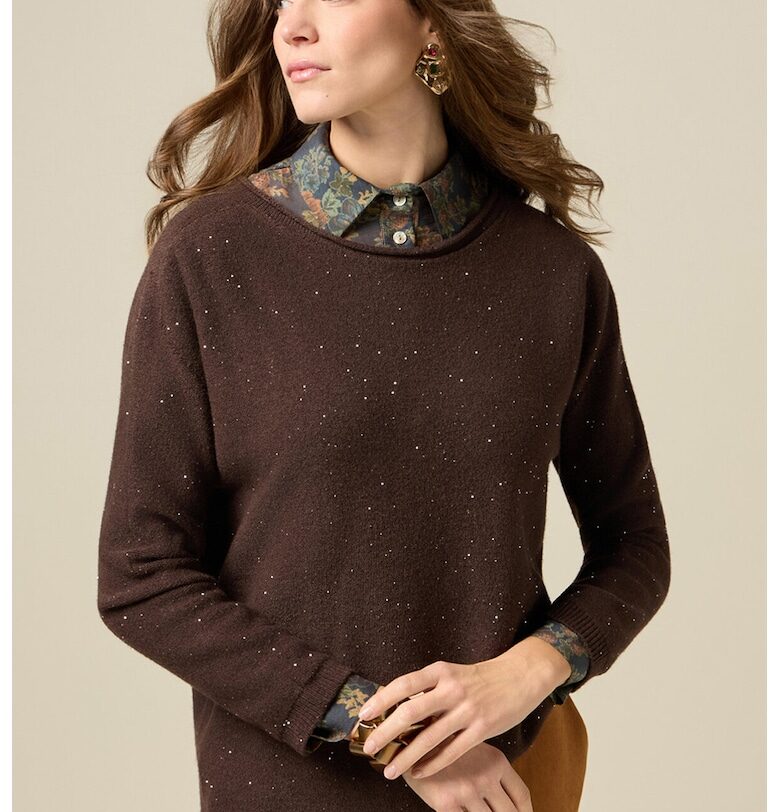 Свободен пуловер с деколте тип лодка - Тъмнокафяв Oltre