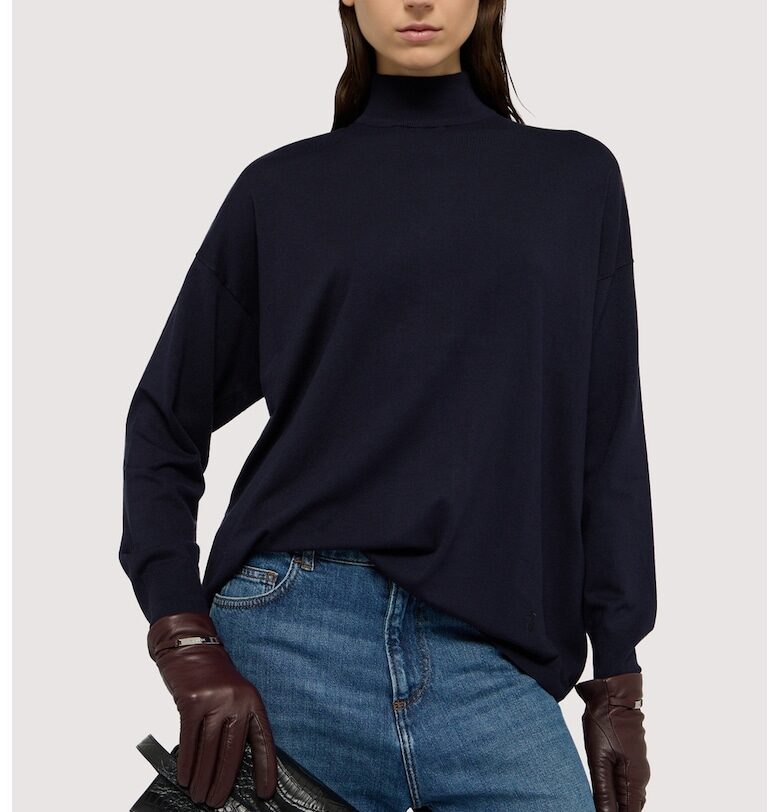 Свободен пуловер със средновисока яка - Тъмносин Trussardi