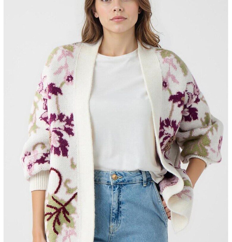 Свободна жилетка без закопчаване - Бял/Виолетов/Зелени аспержи JIMMY KEY