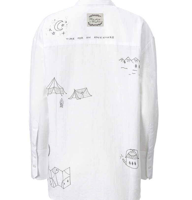 Свободна риза от лен и памук с принт - Бял/Черен Madlen