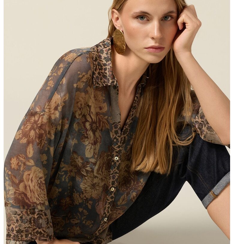 Свободна риза с десен - Тъмнокафяв/Син Oltre