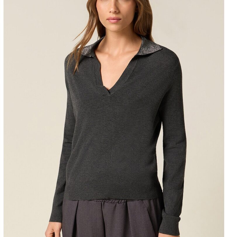 Слим пуловер с декоративни камъни на яката - Меланж тъмно сиво Oltre