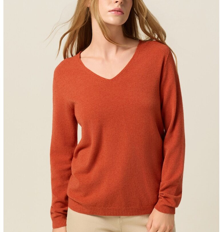Слим пуловер с шпиц - Тъмно оранжево Oltre