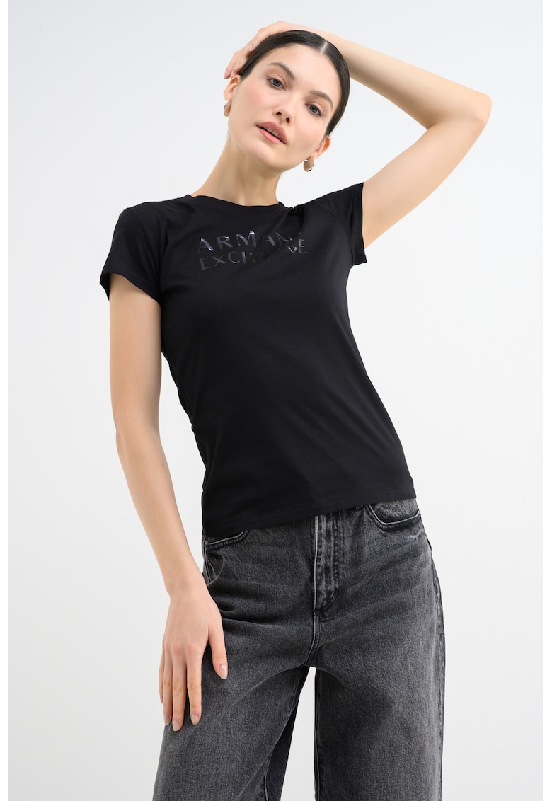 Слим тениска с овално деколте и лого - Черен ARMANI EXCHANGE