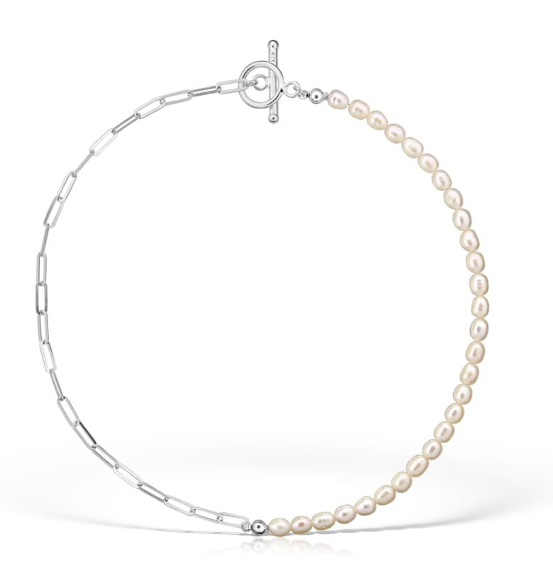 Сребърно колие 925 с бели култивирани перли 6 -5 мм + верижка с кламер - закопчалка e-Crystal