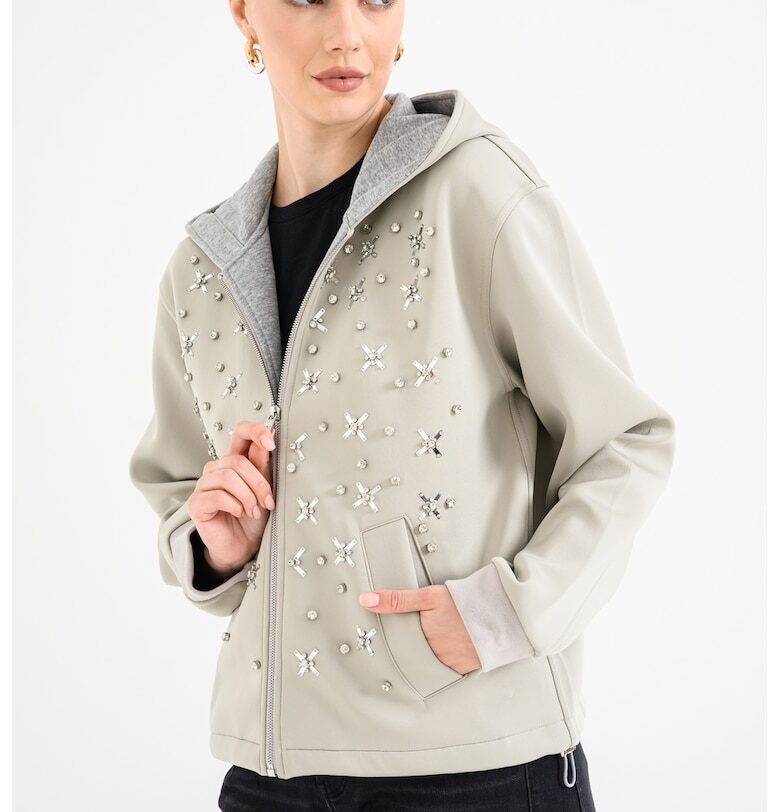 Стандартно худи с декоративни камъни - Светло сив Pinko