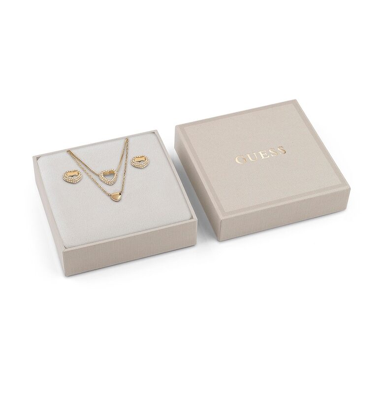 Стоманено колие и обеци със сърцевидни елементи GUESS