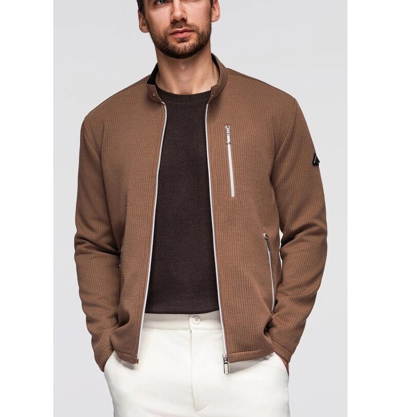 Структурирано байк яке с висока яка  OM-JANP-0229 - Кафяв OMBRE