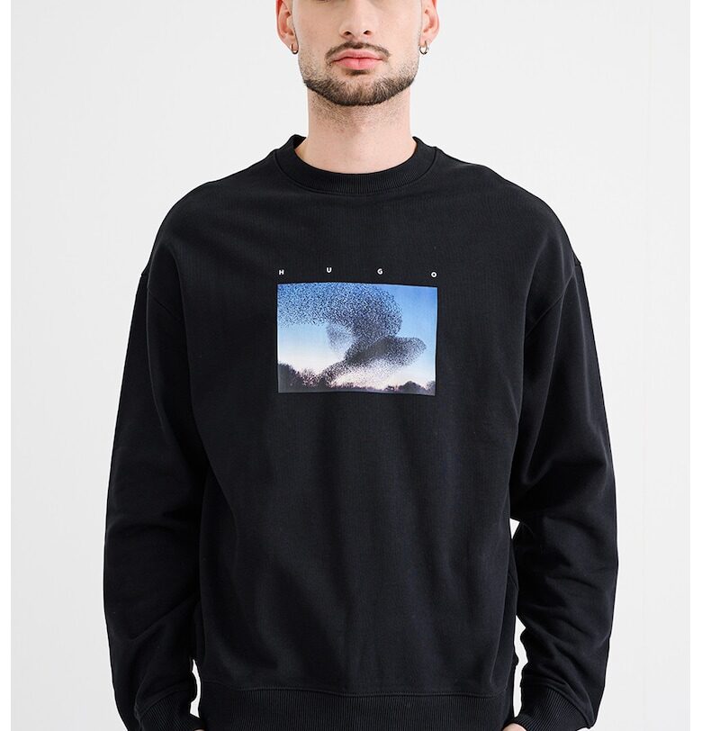 Суитшърт с овално деколте и принт - Черен/Син HUGO