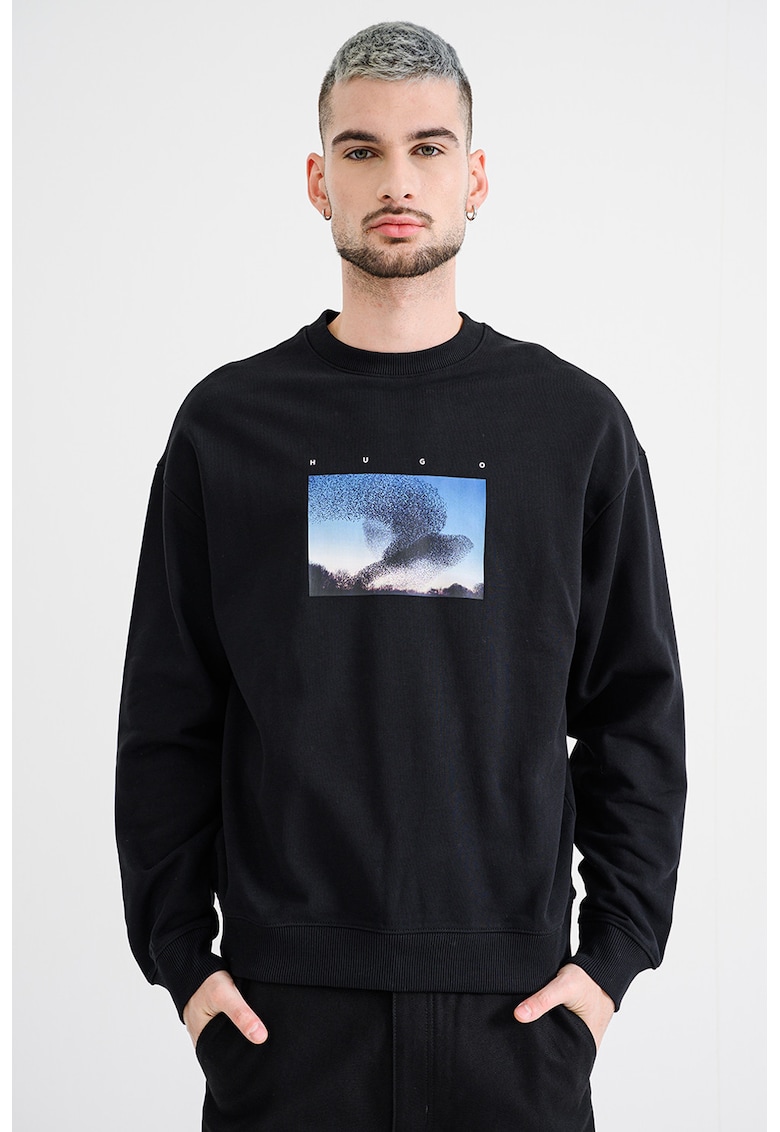 Суитшърт с овално деколте и принт - Черен/Син HUGO