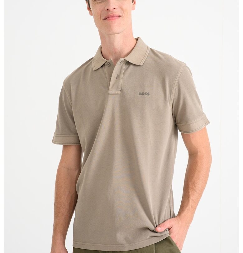 Тениска Prime от памучно пике с яка - Маслинено зелено BOSS