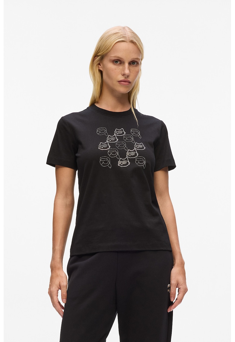 Тениска от органичен памук с декоративни камъни - Черен Karl Lagerfeld